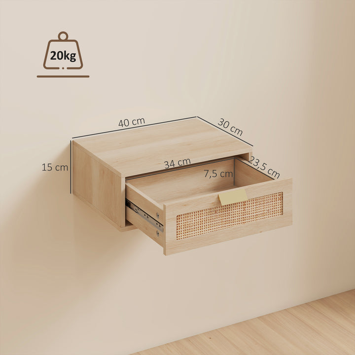 Conjunto de 2 Mesas de Cabeceira Flutuantes Mesas de Cabeceira com Gaveta de Vime Poupa Espaço Design Moderno para Quarto 40x30x15 cm Carvalho