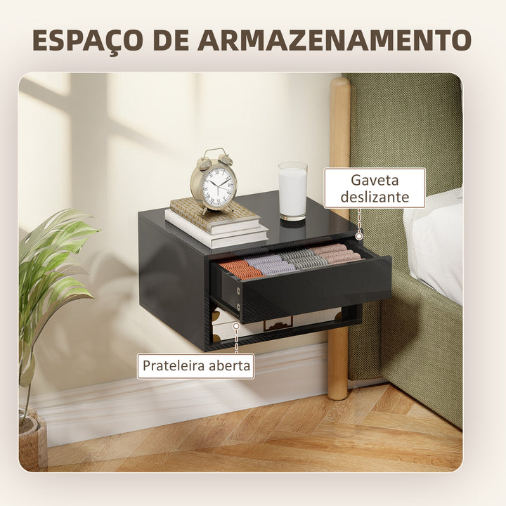 Conjunto de 2 Mesas de Cabeceira Suspensas Mesas de Cabeceira com Gaveta Prateleira Aberta para Quarto Sala 37x32x21 cm Preto Brilhante