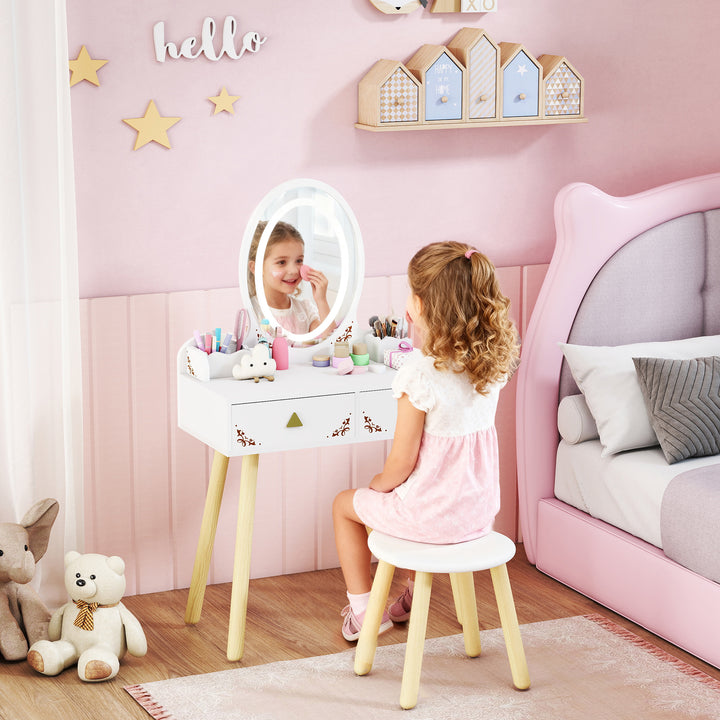Tocador de Maquilhagem com Luzes LED de 3 Cores 2 em 1 Tocador Infantil com Banco Espelho 2 Gavetas 2 Caixas de Armazenamento para Crianças acima de 3 Anos 60x30x99,3 cm Branco
