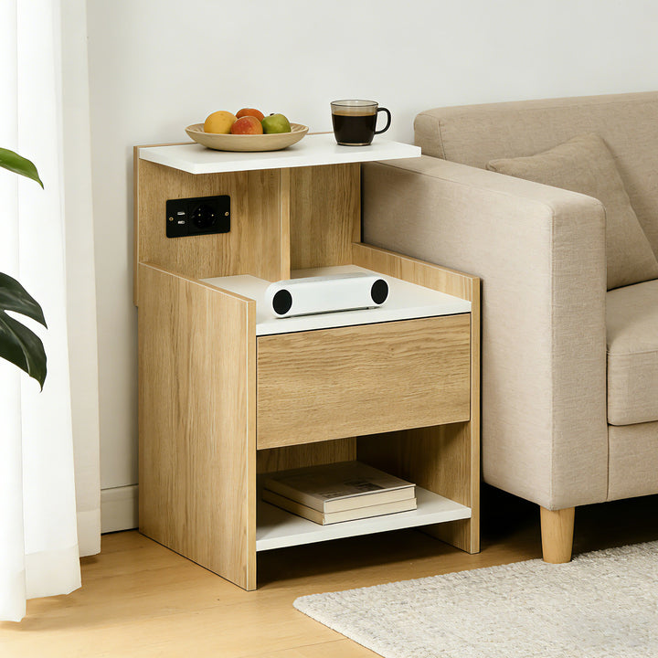 Mesa de Cabeceira Moderna Mesa de Cabeceira com Entrada USB Tomada Elétrica Gaveta e Prateleiras Mesa de Cabeceira para Dormitório 40x40x60 cm Madeira
