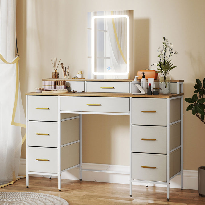Toucador com Luzes LED de 3 Cores Toucador de Maquilhagem com Espelho Mesa de Maquilhagem com 10 Gavetas de Tecido Pés em Aço Moderno para Quarto Sala de Estar Madeira
