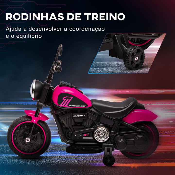 Motocicleta Elétrica para Crianças de 18-36 Meses com Bateria 6V Farol e Rodas Auxiliares Removíveis 25 kg 76x42x57 cm Rosa