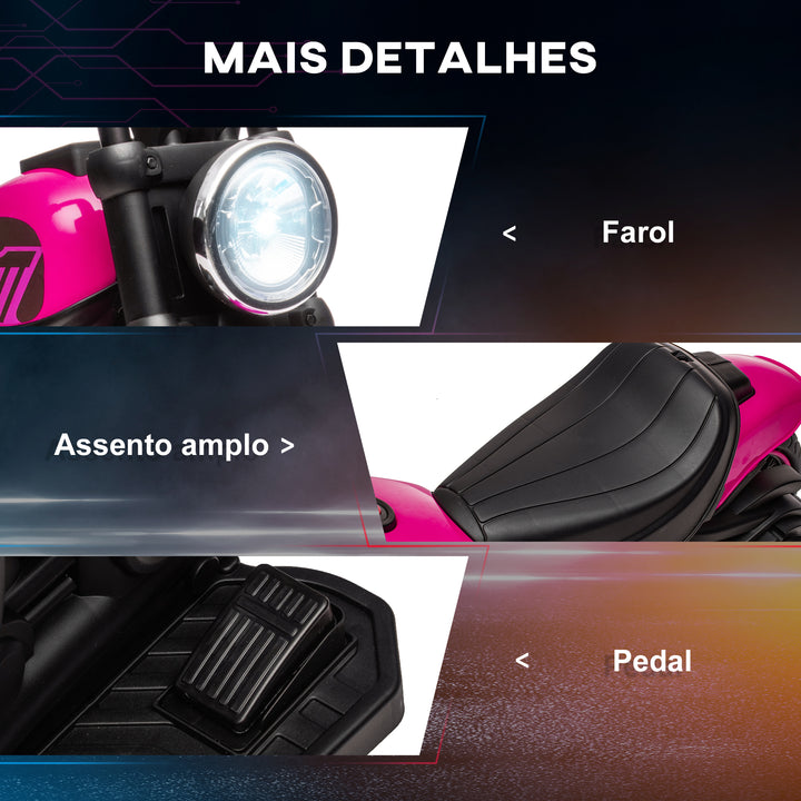 Motocicleta Elétrica para Crianças de 18-36 Meses com Bateria 6V Farol e Rodas Auxiliares Removíveis 25 kg 76x42x57 cm Rosa