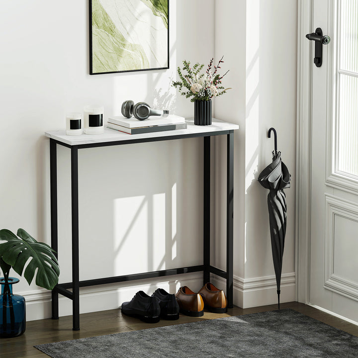 Mesa Consola Moderna Consola Estreita com Superfície com Efeito Mármore e Estrutura de Metal para Entrada Sala de Estar 75x24x76 cm Branco e Preto