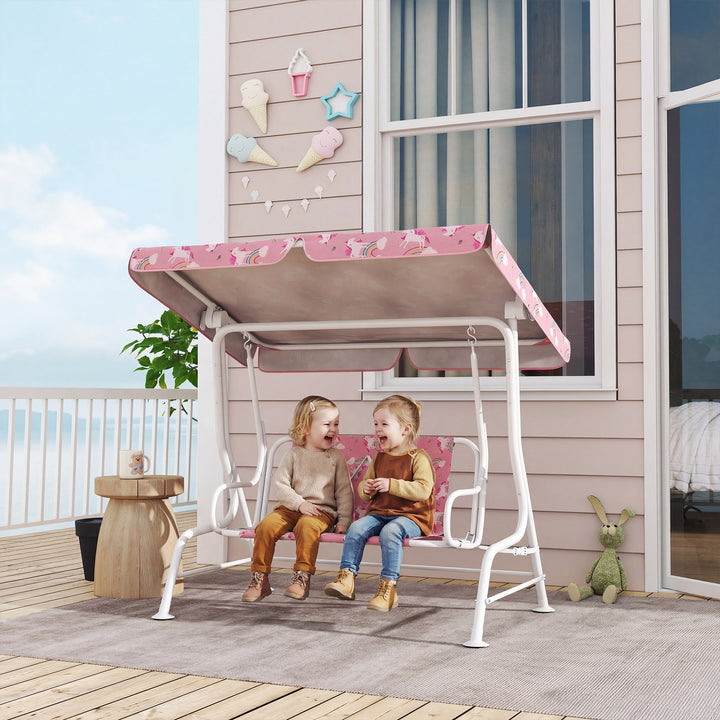 Baloiço de Jardim Exterior Infantil de 2 Lugares, Baloiço de Jardim com Toldo Ajustável, Cintos de Segurança, Design de Unicórnio e Arco-Íris, para Interior e Exterior, 112x75x120 cm, Rosa