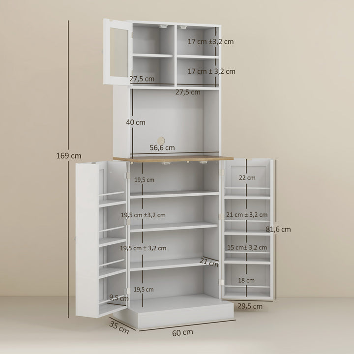 Armário de Cozinha Armário Alto de Cozinha Móvel Auxiliar de Cozinha com 3 Portas Prateleiras Ajustáveis e Prateleiras na Porta para Sala de Jantar 60x35x169 cm Branco