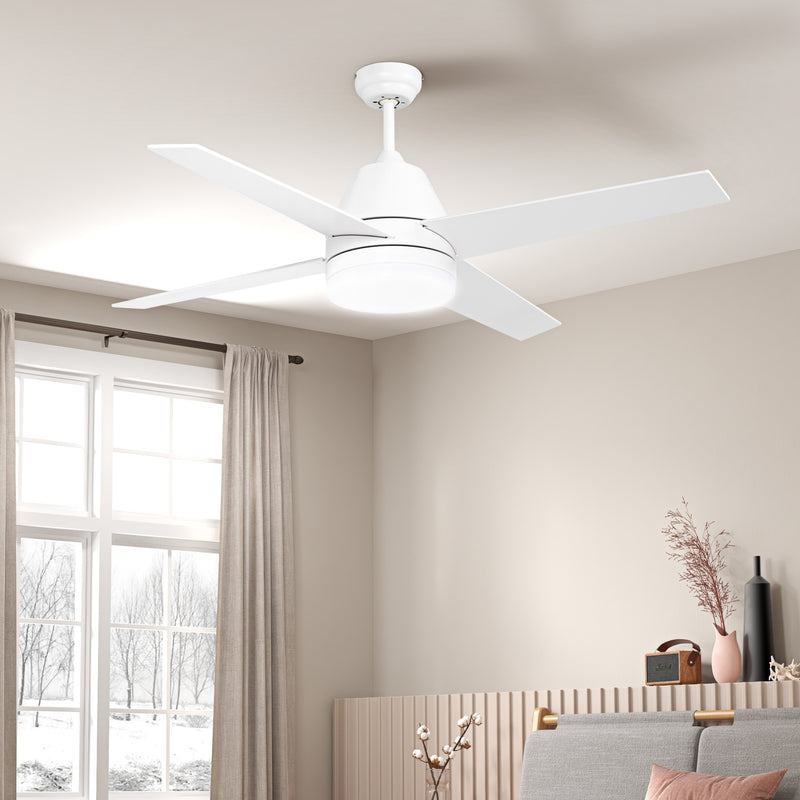 Ventoinha de Teto com Luz 46W Ø129 cm Motor DC Ventoinha de Teto Silencioso com 4 Lâminas Reversíveis Controlo Remoto 6 Velocidades e Temporizador para Quarto Sala Branco