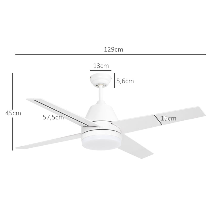 Ventoinha de Teto com Luz 46W Ø129 cm Motor DC Ventoinha de Teto Silencioso com 4 Lâminas Reversíveis Controlo Remoto 6 Velocidades e Temporizador para Quarto Sala Branco