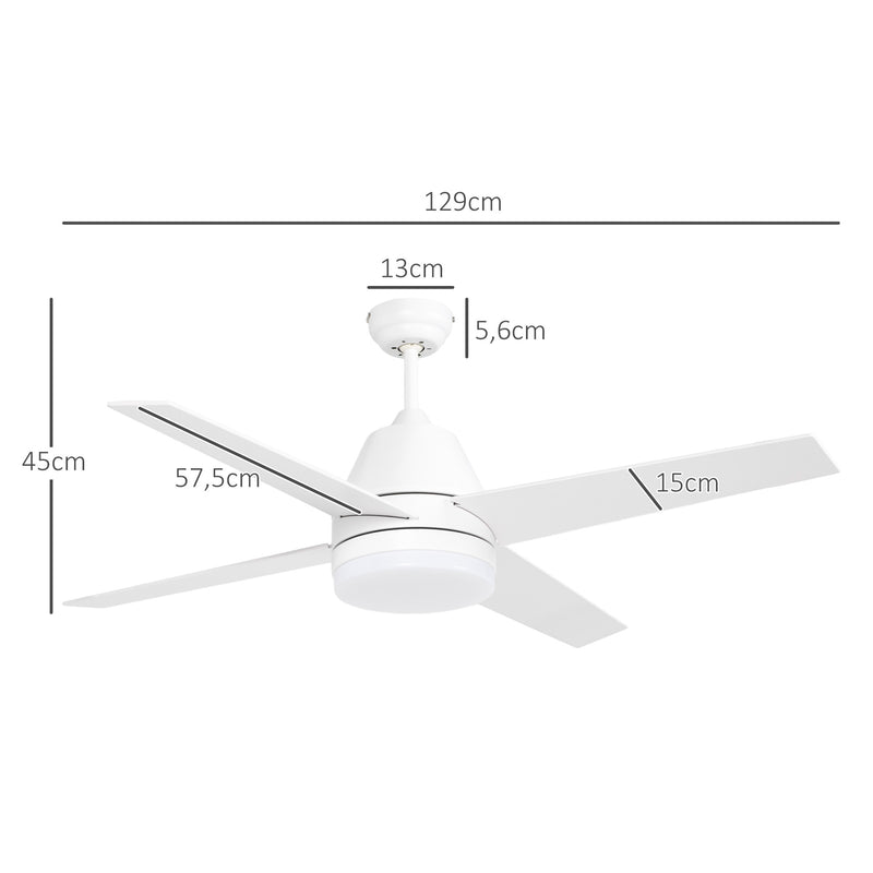 Ventoinha de Teto com Luz 46W Ø129 cm Motor DC Ventoinha de Teto Silencioso com 4 Lâminas Reversíveis Controlo Remoto 6 Velocidades e Temporizador para Quarto Sala Branco