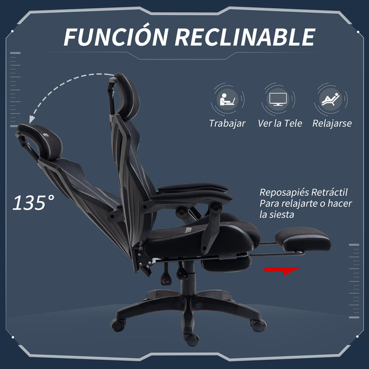 Cadeira de Gaming com Apoio para os Pés Retrátil Cadeira de Escritório Reclinável com Apoio para a Cabeça e Altura Ajustável 65x65x119-129cm Preto