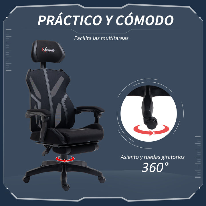 Cadeira de Gaming com Apoio para os Pés Retrátil Cadeira de Escritório Reclinável com Apoio para a Cabeça e Altura Ajustável 65x65x119-129cm Preto