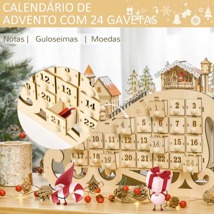 Calendário de Advento de Natal com Luzes LED e 24 Gavetas Decoração de Natal Modelo de Trenó 45x10x31cm Madeira Natural