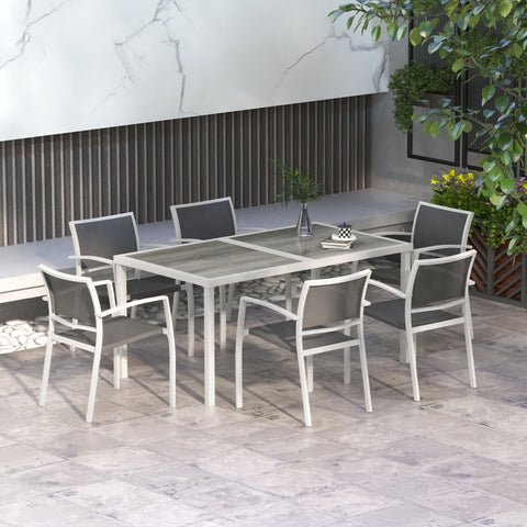 Conjunto de Refeição de Jardim de 7 Peças com 1 Mesa de Exterior e 6 Cadeiras Empilháveis Estilo Moderno para Terraço Pátio Branco e Cinza