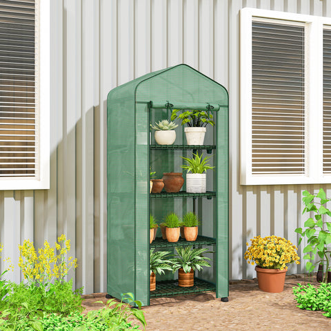 Estufa de Exterior com 4 Prateleiras e Rodas Estufa de Jardim com Porta Enrolável Estrutura em Aço e Cobertura de PE 140g/? Anti-UV para Terraço Pátio 69x50x165 cm Verde