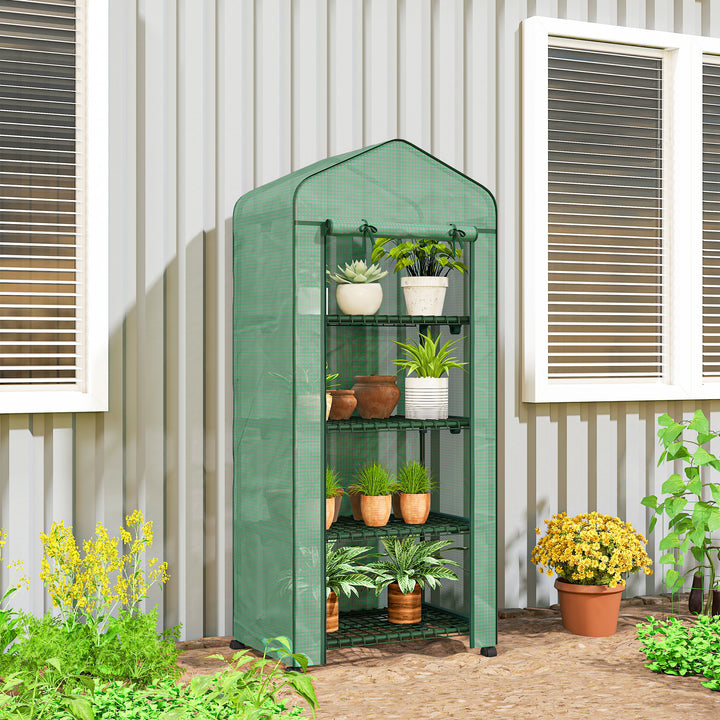Estufa de Exterior com 4 Prateleiras e Rodas Estufa de Jardim com Porta Enrolável Estrutura em Aço e Cobertura de PE 140g/? Anti-UV para Terraço Pátio 69x50x165 cm Verde