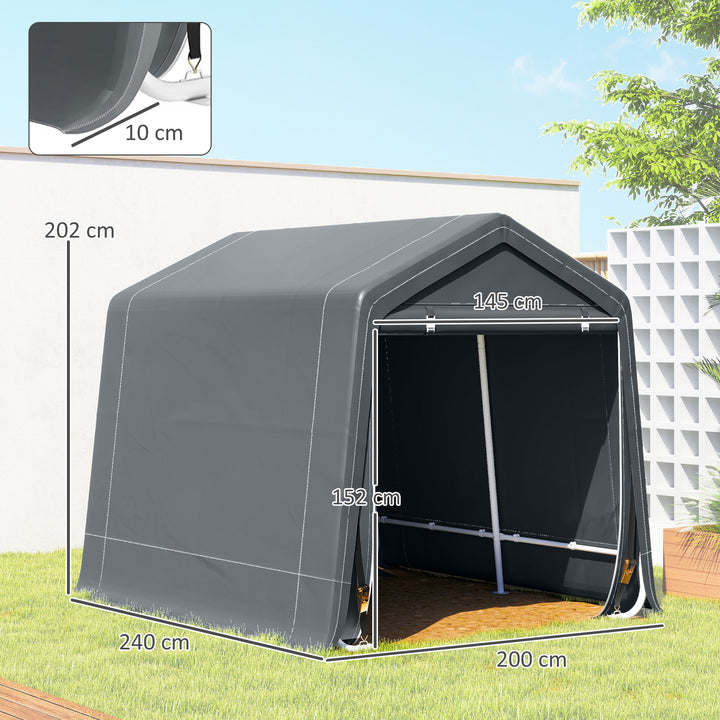 Tenda de Jardim Exterior para Ferramentas e Bicicletas, 2,4x2x2 m, Abrigo Exterior com Estrutura Metálica, 2 Portas Enroláveis com Fecho, Impermeável, Anti-UV, Garagem Portátil, Cinzento