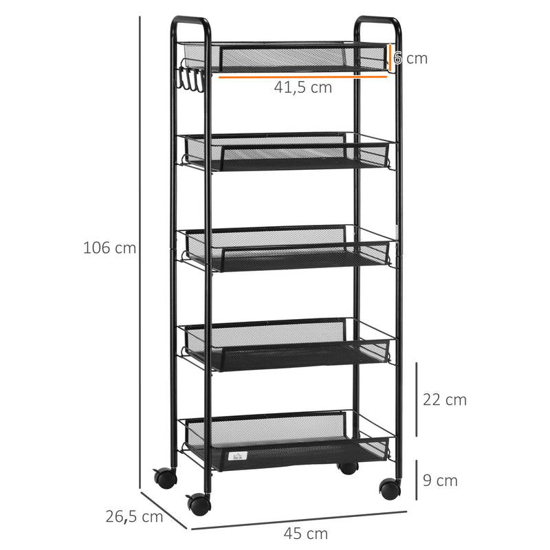 Carrinho Auxiliar com Rodas Carrinho de Cozinha de 5 Níveis com Cestos de Malha Removíveis e Estrutura de Aço para Sala de Estar Casa de Banho Sala de Jantar Escritório 45x26,5x106 cm Preto