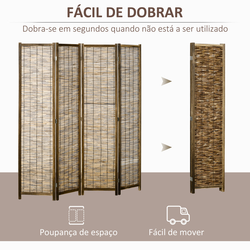 Biombo de 4 Painéis Separador de Ambientes Dobrável 160x1,8x170 cm Divisor de Ambientes de Madeira e Caniço Estilo Rústico para Escritório Dormitório Sala de Estar Madeira