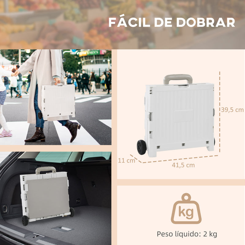 Carrinho de Armazenamento Dobrável Carrinho de Compras com 2 Rodas Comprimento de Pega Ajustável Capacidade 32L para Escritório Escola Casa 41,5x32,5x85 cm Branco