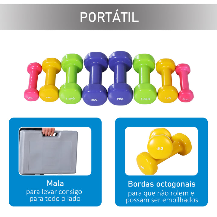 Conjunto de 8 halteres 4 pares de 0,5 kg 1 kg 1,5 kg 2 kg com caixa exterior para ginásio e treino