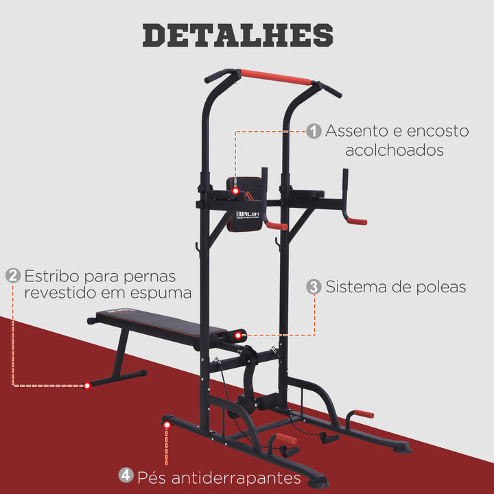 Estação de Musculação Multifuncional Torre de Treinamento com Altura Ajustável com Banco Dobrável Barra de Elevação para Fitness 220x98x181-229cm Preto