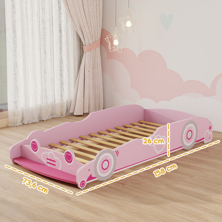 Cama Infantil 70x140 cm em Forma de Carro com Barreira de Proteção e Estrado para Crianças de 3-5 Anos Rosa