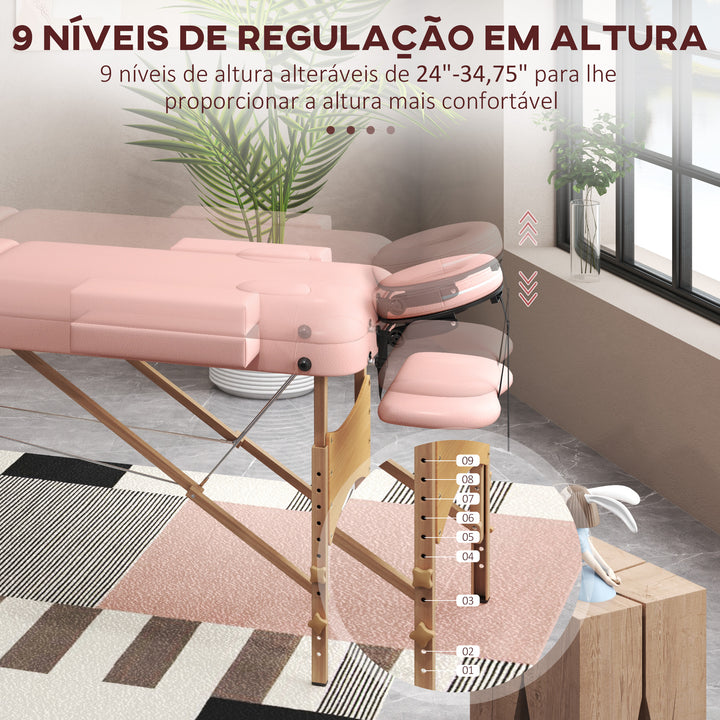 Marquesa de Massagem Dobrável Marquesa com Altura Ajustável 64-88 cm Desenho Ergonómico para Utilização Profissional Fácil de Transportar 185x60 cm Rosa