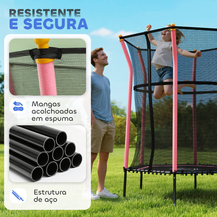 Trampolim para Crianças acima de 3 Anos Cama Elástica Infantil com Rede de Segurança e Estrutura de Aço para Interiores e Exteriores Carga 50kg Ø163,5x190 cm Rosa