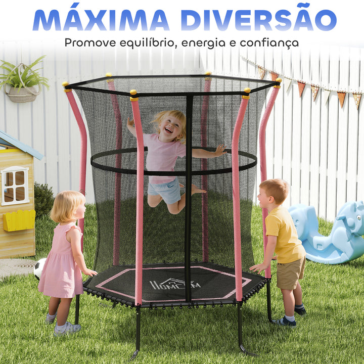 Trampolim para Crianças acima de 3 Anos Cama Elástica Infantil com Rede de Segurança e Estrutura de Aço para Interiores e Exteriores Carga 50kg Ø163,5x190 cm Rosa