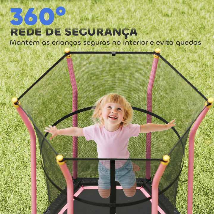 Trampolim para Crianças acima de 3 Anos Cama Elástica Infantil com Rede de Segurança e Estrutura de Aço para Interiores e Exteriores Carga 50kg Ø163,5x190 cm Rosa