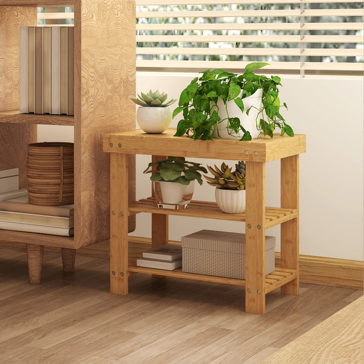 Banco Sapateira de Bambu Sapateira com Assento Organizador de Sapatos com 2 Prateleiras para 4 Pares de Sapatos para Entrada Sala de Estar Dormitório 50x28x45 cm Madeira