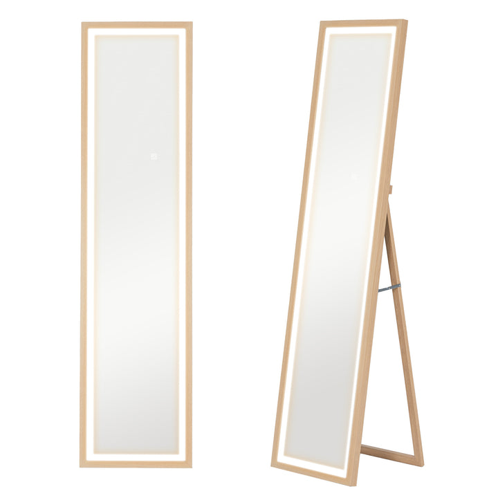 Espelho de Pé com Luz LED 40x160 cm Espelho de Corpo Inteiro com Iluminação de 3 Cores Tátil Função de Memória e Suporte para Sala de Estar Dormitório Madeira