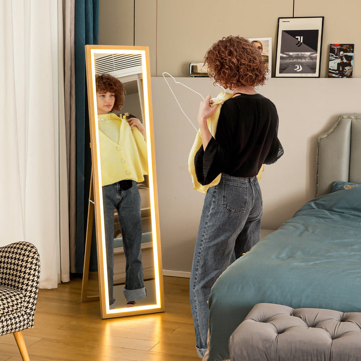 Espelho de Pé com Luz LED 40x160 cm Espelho de Corpo Inteiro com Iluminação de 3 Cores Tátil Função de Memória e Suporte para Sala de Estar Dormitório Madeira
