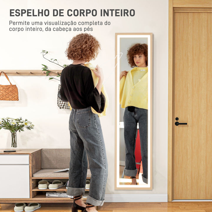 Espelho de Pé com Luz LED 40x160 cm Espelho de Corpo Inteiro com Iluminação de 3 Cores Tátil Função de Memória e Suporte para Sala de Estar Dormitório Madeira