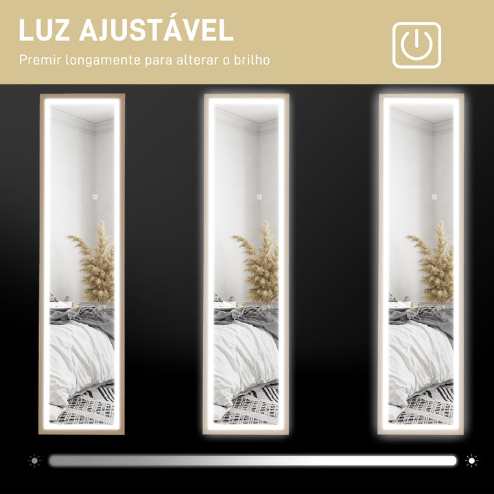 Espelho de Pé com Luz LED 40x160 cm Espelho de Corpo Inteiro com Iluminação de 3 Cores Tátil Função de Memória e Suporte para Sala de Estar Dormitório Madeira