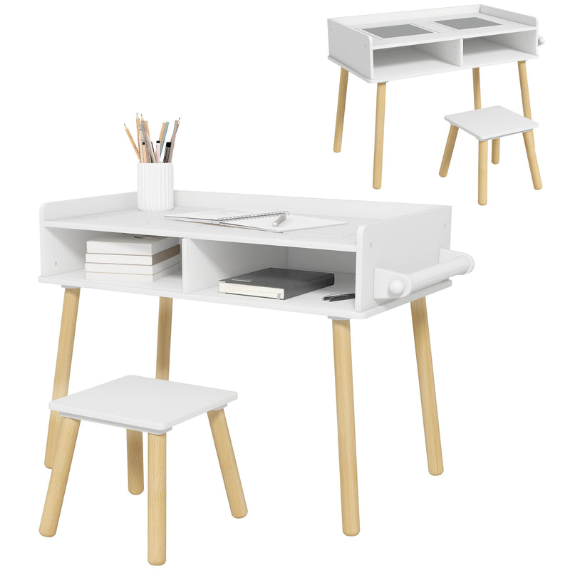 Conjunto de Mesa e Cadeira Infantil Mesa para Crianças com Bancada de Blocos de Construção e Rolo de Papel para Jogar e Desenhar em Sala de Jogos Quarto Cinza