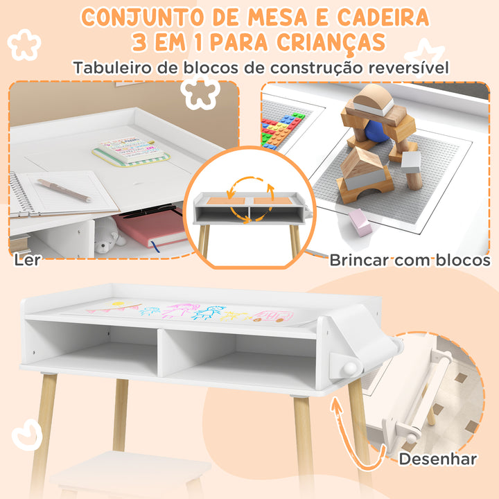 Conjunto de Mesa e Cadeira Infantil Mesa para Crianças com Bancada de Blocos de Construção e Rolo de Papel para Jogar e Desenhar em Sala de Jogos Quarto Cinza