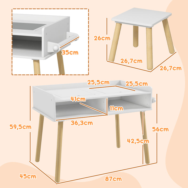 Conjunto de Mesa e Cadeira Infantil Mesa para Crianças com Bancada de Blocos de Construção e Rolo de Papel para Jogar e Desenhar em Sala de Jogos Quarto Cinza