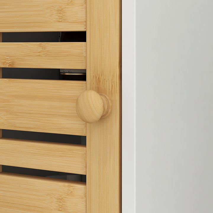 Coluna Casa de Banho Moderna Móvel Auxiliar Casa de Banho com Suporte para Papel Higiénico Prateleiras Ajustáveis e Porta de Bambu Anti-Tombo 21x17x78 cm Branco e Madeira
