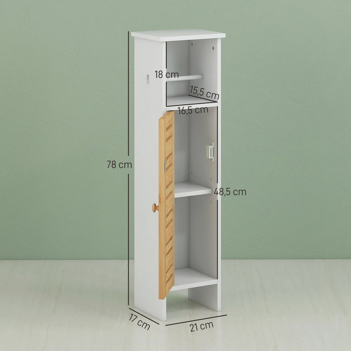 Coluna Casa de Banho Moderna Móvel Auxiliar Casa de Banho com Suporte para Papel Higiénico Prateleiras Ajustáveis e Porta de Bambu Anti-Tombo 21x17x78 cm Branco e Madeira