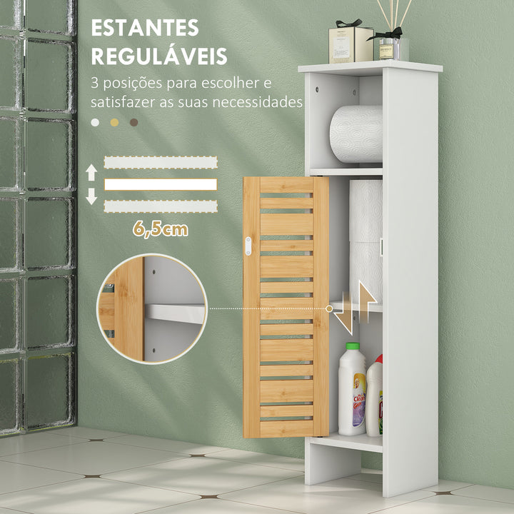 Coluna Casa de Banho Moderna Móvel Auxiliar Casa de Banho com Suporte para Papel Higiénico Prateleiras Ajustáveis e Porta de Bambu Anti-Tombo 21x17x78 cm Branco e Madeira