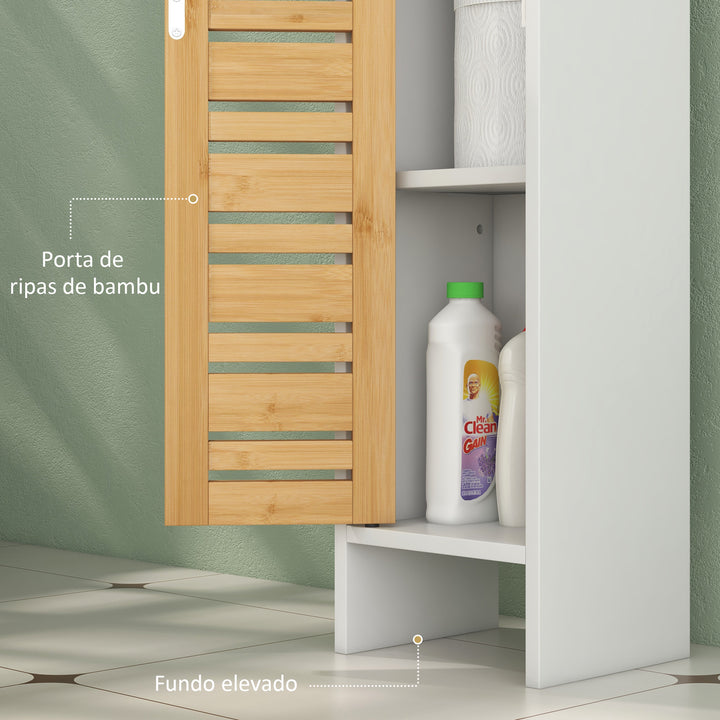 Coluna Casa de Banho Moderna Móvel Auxiliar Casa de Banho com Suporte para Papel Higiénico Prateleiras Ajustáveis e Porta de Bambu Anti-Tombo 21x17x78 cm Branco e Madeira