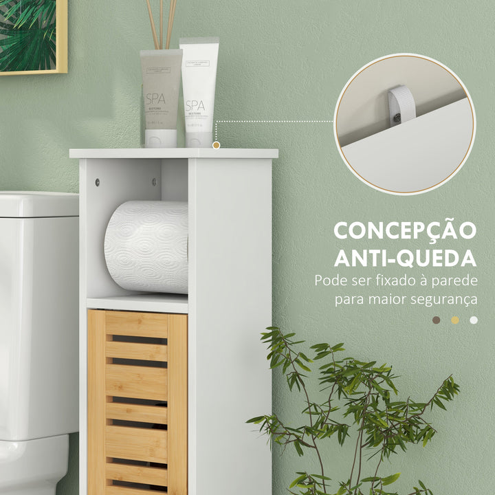 Coluna Casa de Banho Moderna Móvel Auxiliar Casa de Banho com Suporte para Papel Higiénico Prateleiras Ajustáveis e Porta de Bambu Anti-Tombo 21x17x78 cm Branco e Madeira
