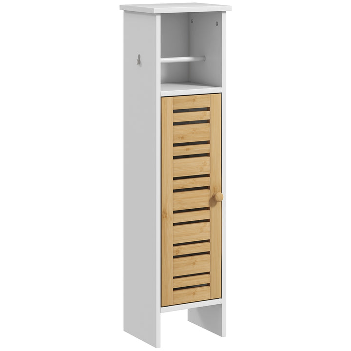 Coluna Casa de Banho Moderna Móvel Auxiliar Casa de Banho com Suporte para Papel Higiénico Prateleiras Ajustáveis e Porta de Bambu Anti-Tombo 21x17x78 cm Branco e Madeira