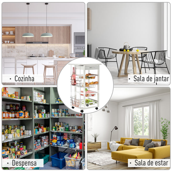 Carrinho de cozinha de 5 níveis com gaveta Cestas Rodas 47x37x83 Branco