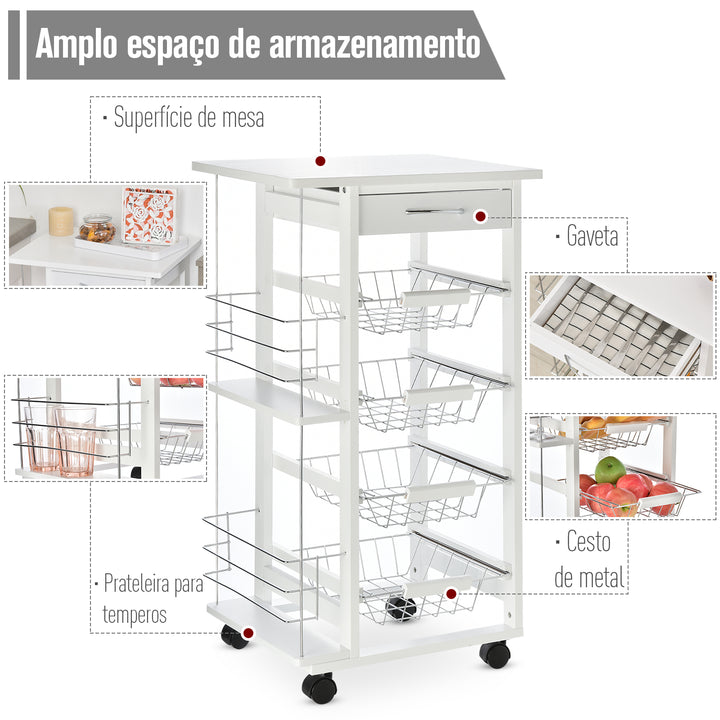Carrinho de cozinha de 5 níveis com gaveta Cestas Rodas 47x37x83 Branco
