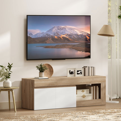 Móvel de TV Mobiliário de TV com 2 Portas Prateleira Aberta Móvel de TV de Sala de Estar para Televisóres de 60 Polegadas 140x40x48 cm Branco e Madeira