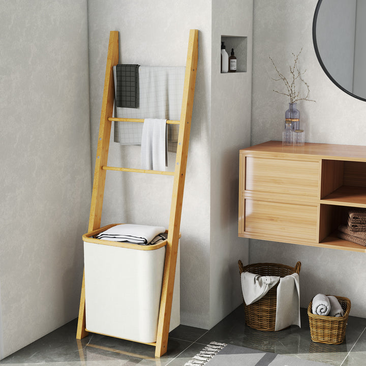 Estante para Casa de Banho de Bambu Toalheiro de Pé com 3 Barras e Cesto para Roupa Suja Removível de 48 L para Quarto Lavandaria 43x35x133 cm Creme e Madeira
