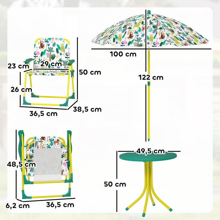 Conjunto Infantil de Mesa e Cadeiras de Jardim de 4 Peças Mesa com Cadeiras Dobráveis Chapéu de Sol Desmontável Design de Selva para Jardim Piquenique Verde