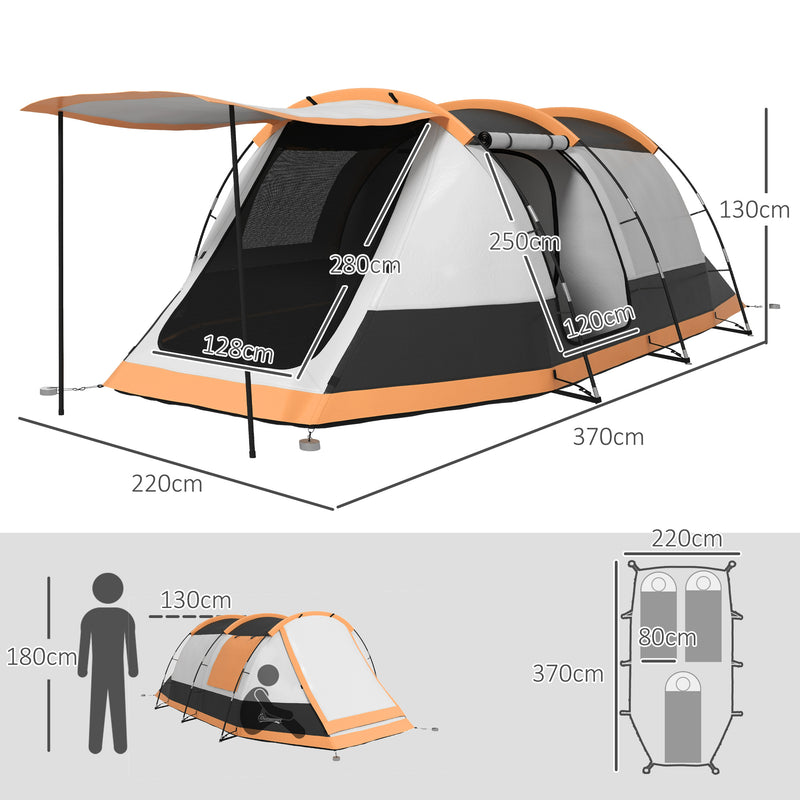 Tenda de Campismo Familiar para 3-4 Pessoas Tenda de Campismo Dobrável com 2 Quartos e Bolsa de Transporte Impermeável para Trekking 370x220x130 cm Laranja e Cinza